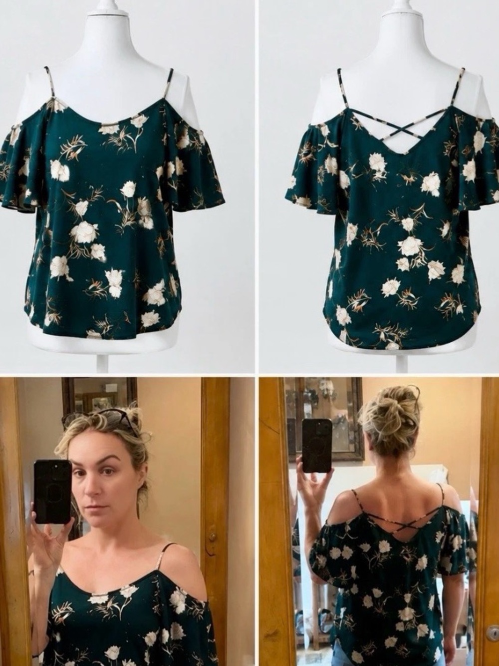 Kaileigh Dark Teal Floral Cold-Shoulder Camisole with Crisscross Back